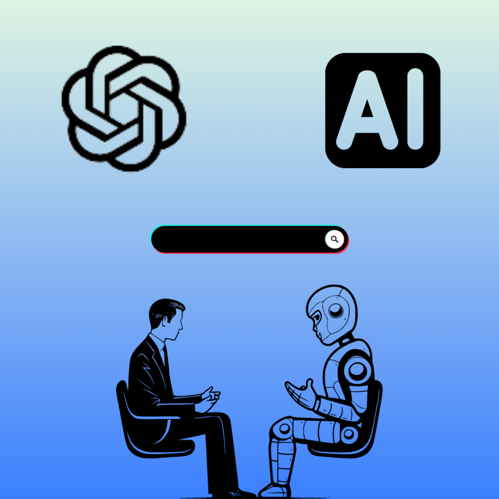 Illustration of a business professional using a laptop with a glowing ChatGPT interface, symbolizing advanced AI search capabilities for business growth.