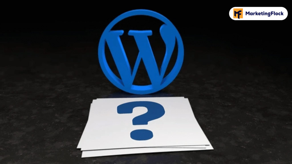 Blue WordPress logo behind papers with a question mark.