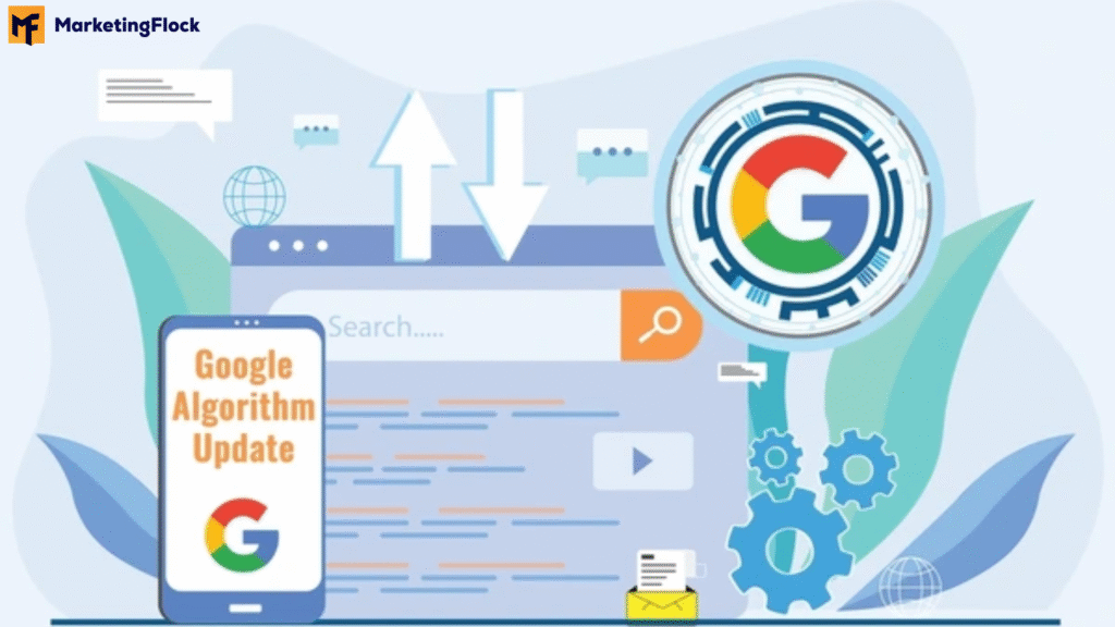 A simple flat-style illustration showing a website with upward arrows, a magnifying glass, and Google’s logo, with gears in the background. Represents changes in Google search rules affecting websites.